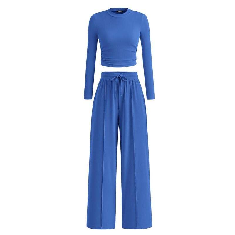 Woman's 2-Piece Ribbed Knit Long Sleeve Crop Top Wide Leg Pants Matching Lounge Set Loungewear[Buy 2 Free Shipping]