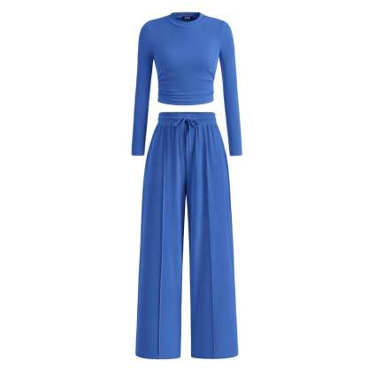 Woman's 2-Piece Ribbed Knit Long Sleeve Crop Top Wide Leg Pants Matching Lounge Set Loungewear[Buy 2 Free Shipping]