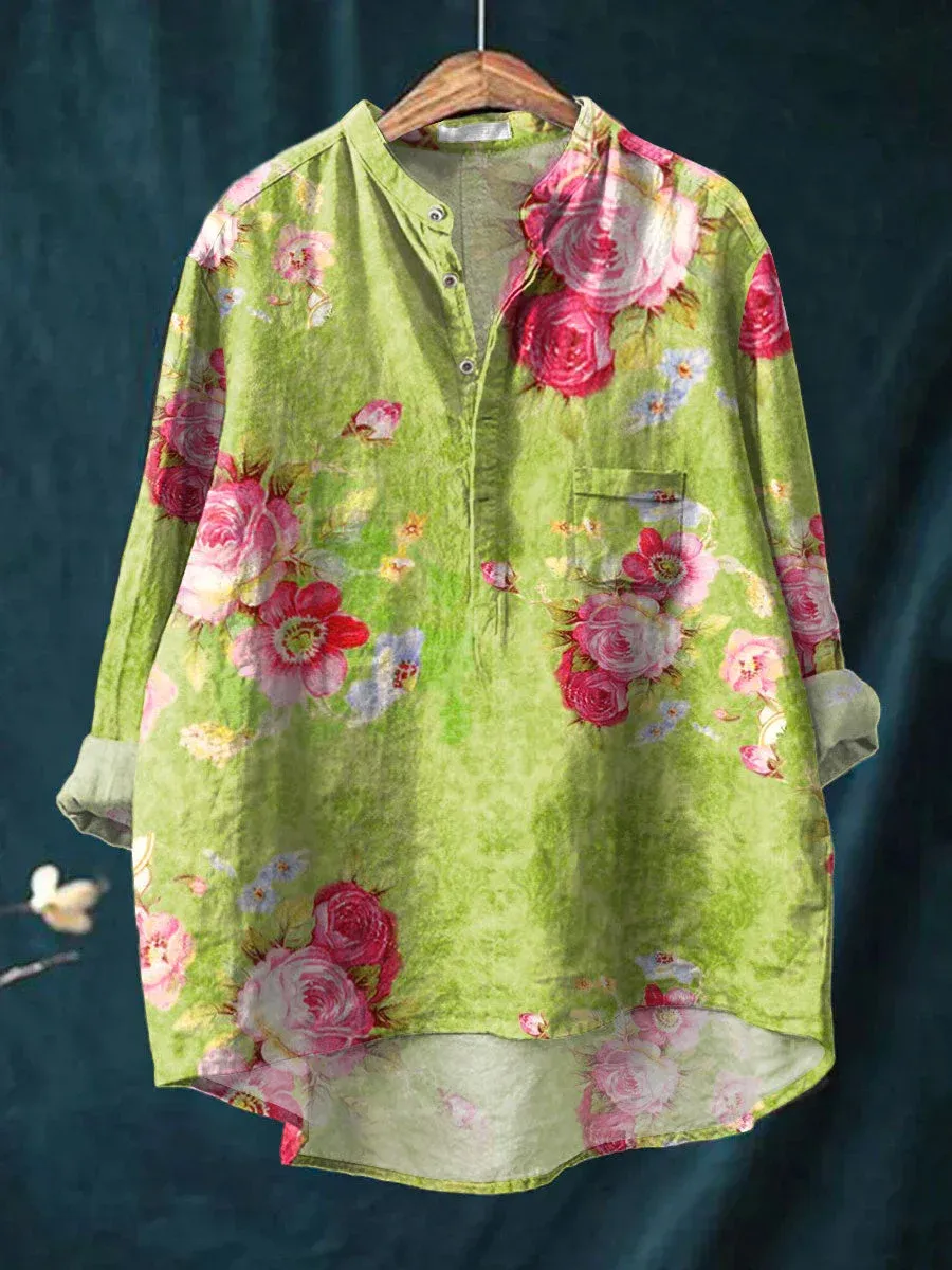 Women's Vintage Art Print Casual Long Sleeve Comfortable Cotton Shirt