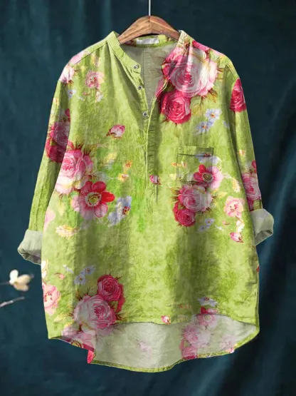 Women's Vintage Art Print Casual Long Sleeve Comfortable Cotton Shirt