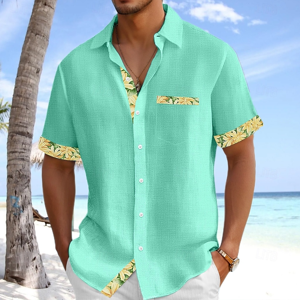 Men's Shirt Linen Shirt Summer Shirt Beach Shirt Untucked Shirts Plaid Vacation Holiday Light Green Pink Green Light Blue Short Sleeve Collar Summer Clothing Apparel 2025 - $26.99 –P6