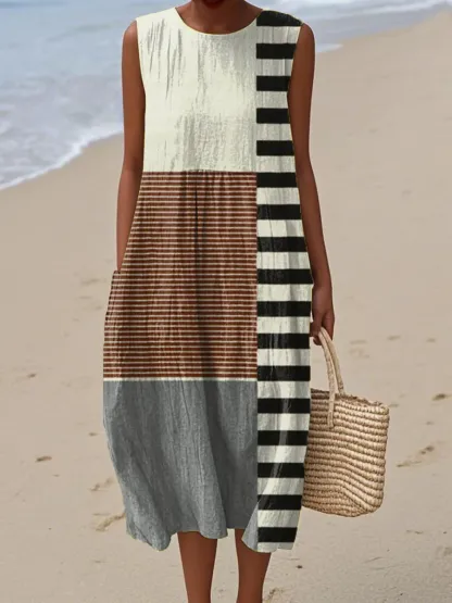 Women's Vintage Abstract Geometric Art Print Sleeveless Cotton Pocket Wrap Dress-Series4