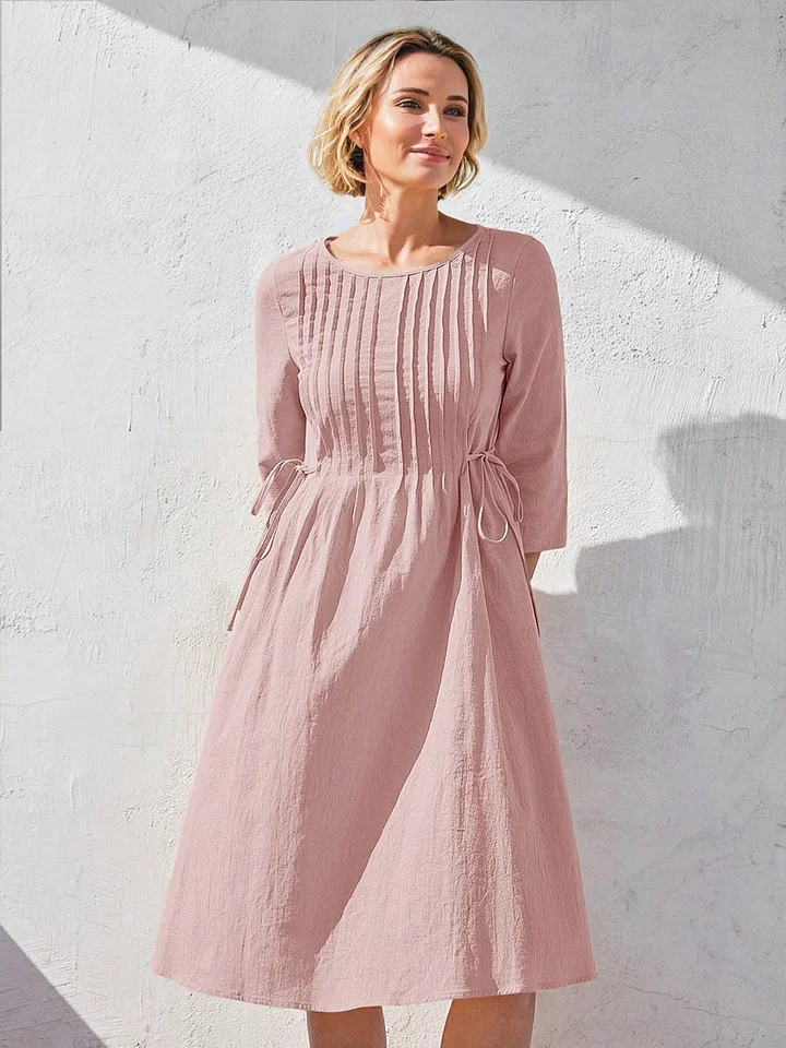 Women's Solid Color Round Neck Three-quarter Sleeve Drawstring Casual Cotton and Linen Dress
