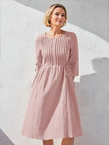 Women's Solid Color Round Neck Three-quarter Sleeve Drawstring Casual Cotton and Linen Dress