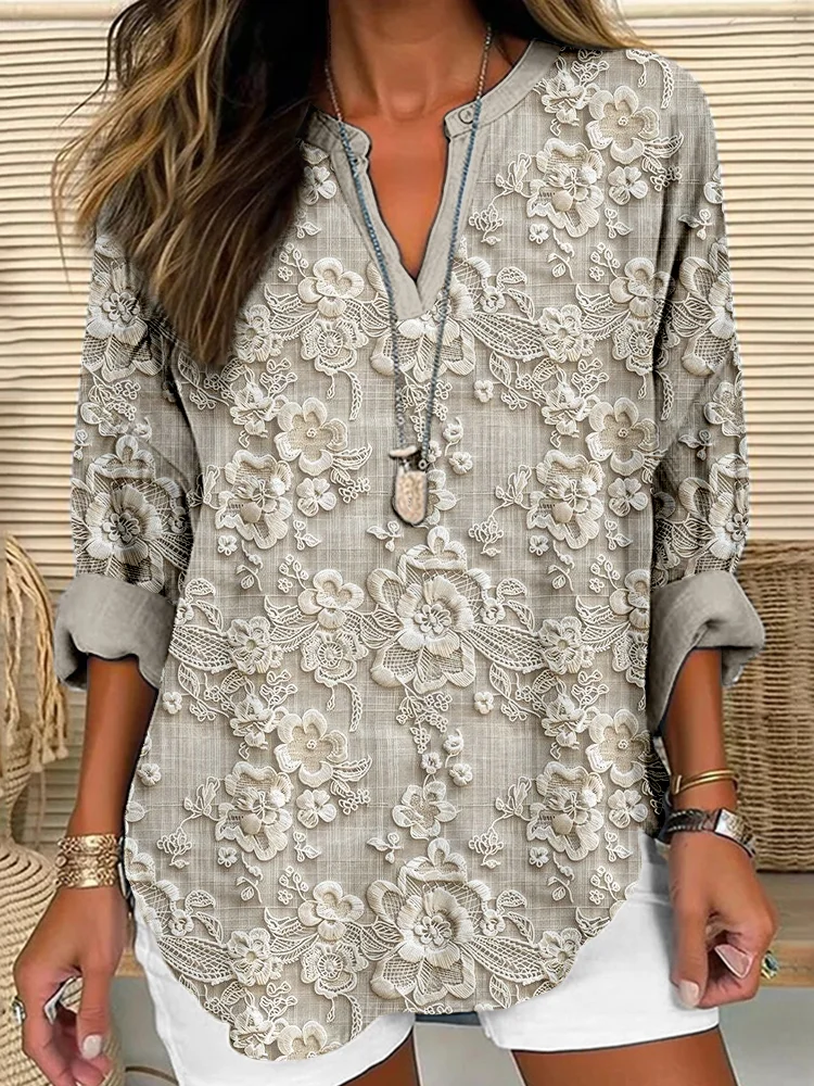 Floral Lace Embroidered Linen Blend Cozy Shirt