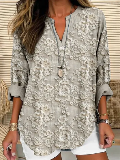 Floral Lace Embroidered Linen Blend Cozy Shirt