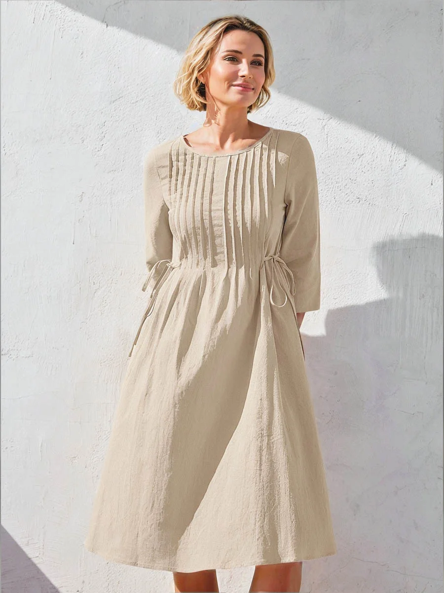 Women's Solid Color Round Neck Three-quarter Sleeve Drawstring Casual Cotton and Linen Dress