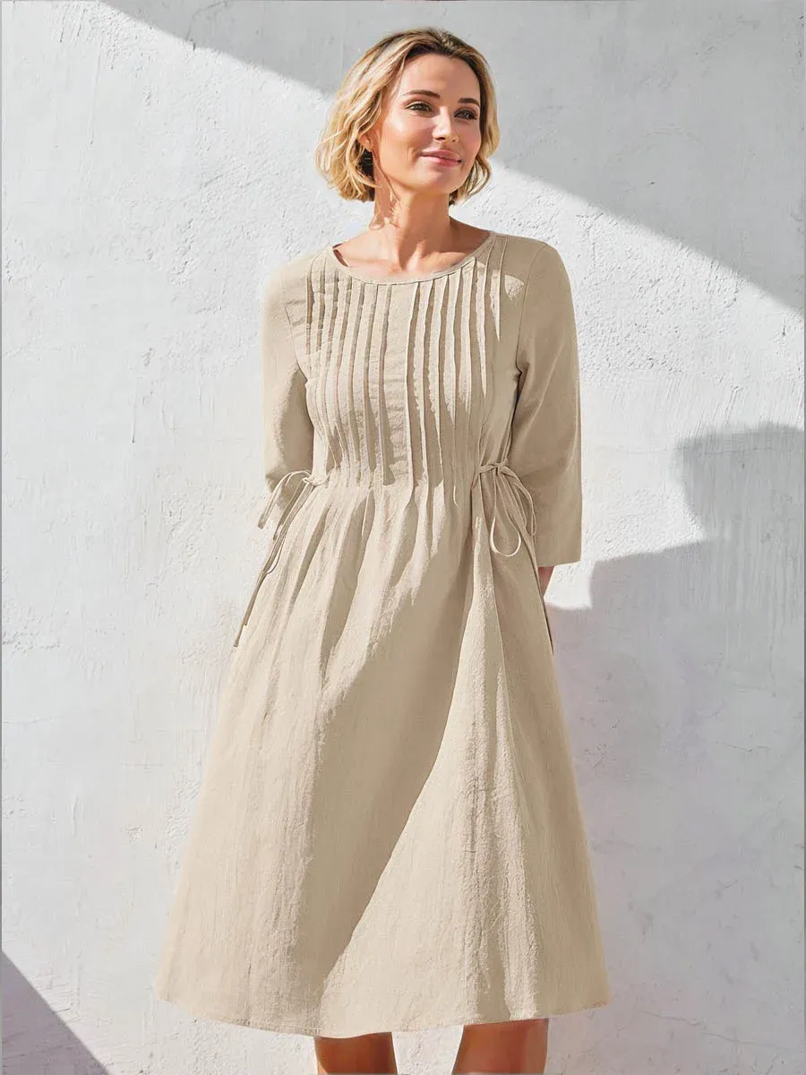 Women's Solid Color Round Neck Three-quarter Sleeve Drawstring Casual Cotton and Linen Dress