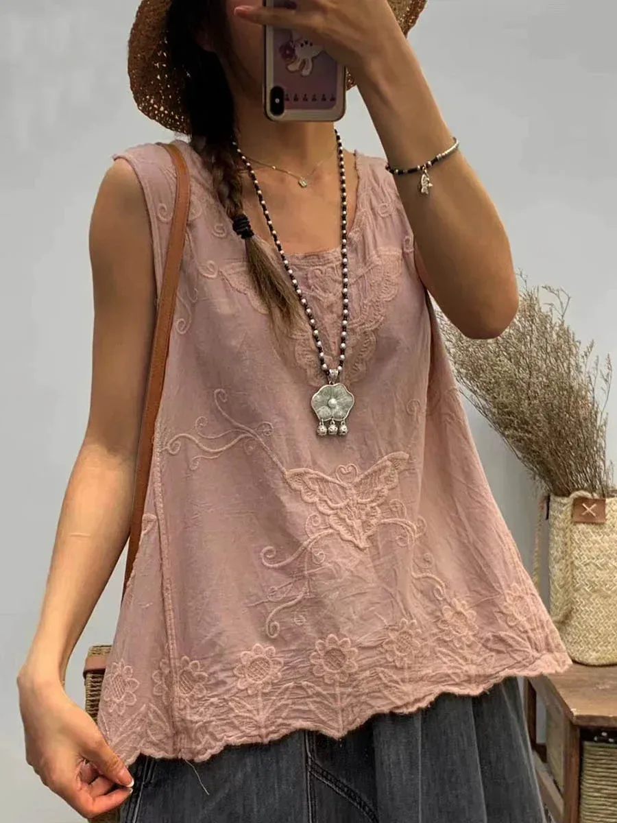 Women's Round Neck Sleeveless Casual Cotton And Linen Embroidered Top