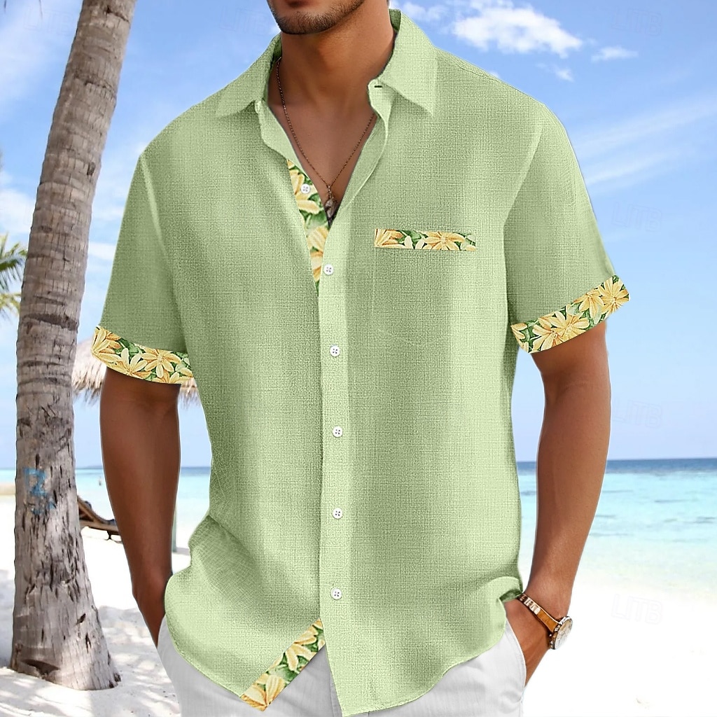 Men's Shirt Linen Shirt Summer Shirt Beach Shirt Untucked Shirts Plaid Vacation Holiday Light Green Pink Green Light Blue Short Sleeve Collar Summer Clothing Apparel 2025 - $26.99 –P1