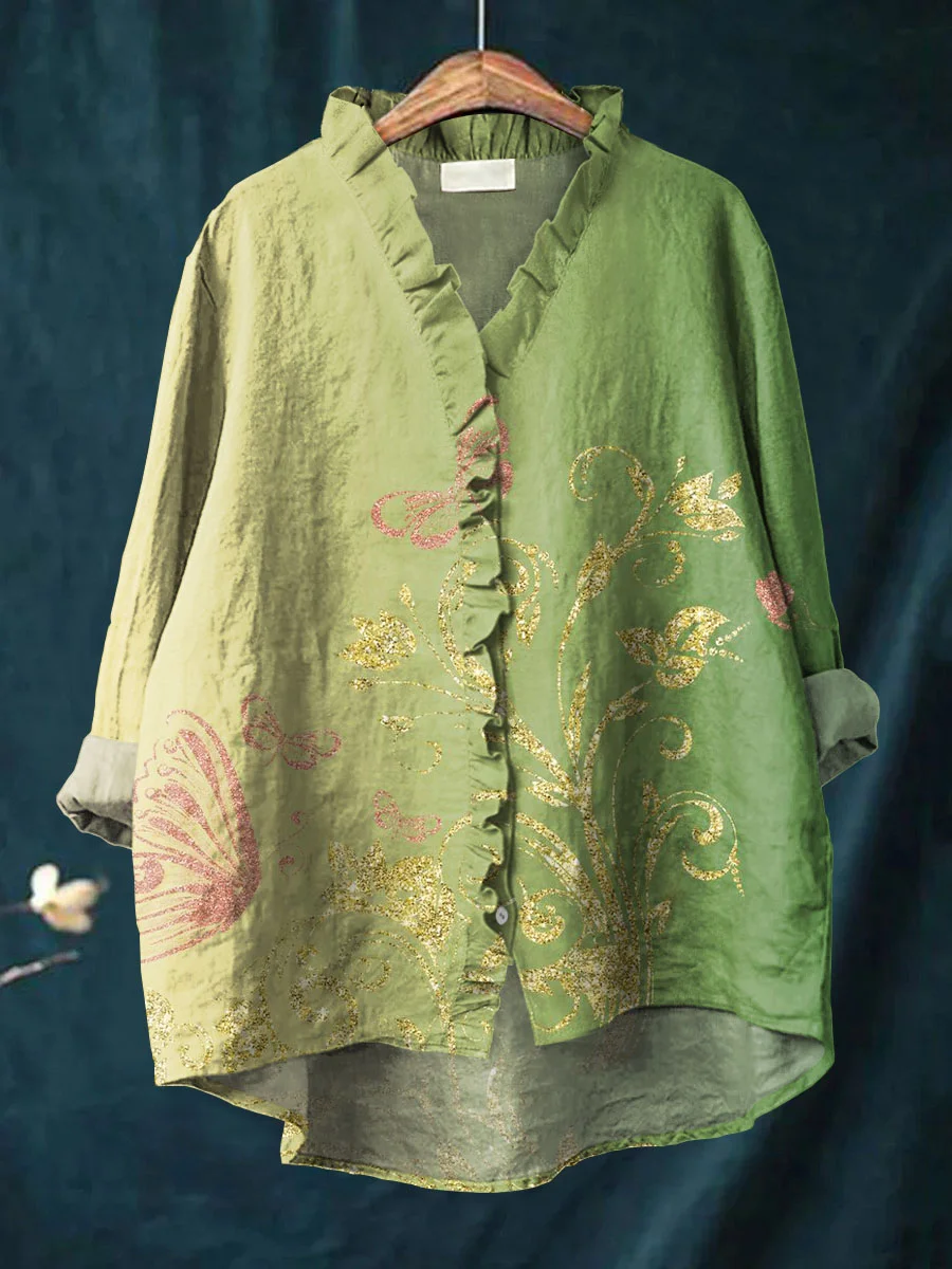 Women's Vintage Floral Art Print Casual Cotton And Linen Ruffle Shirt