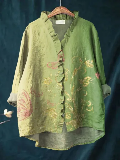Women's Vintage Floral Art Print Casual Cotton And Linen Ruffle Shirt