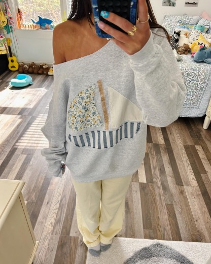 Women's Nautical Sailboat Patch One-Shoulder Pullover Sweatshirt