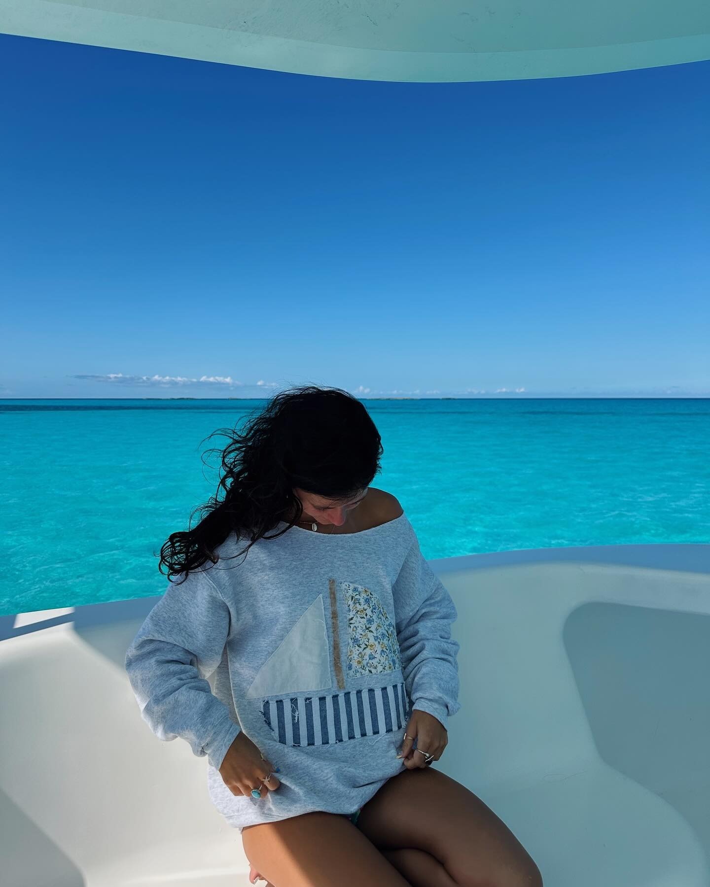 Women's Nautical Sailboat Patch One-Shoulder Pullover Sweatshirt