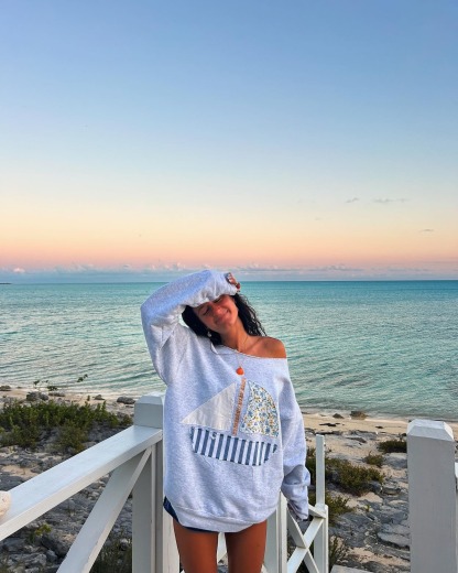 Women's Nautical Sailboat Patch One-Shoulder Pullover Sweatshirt