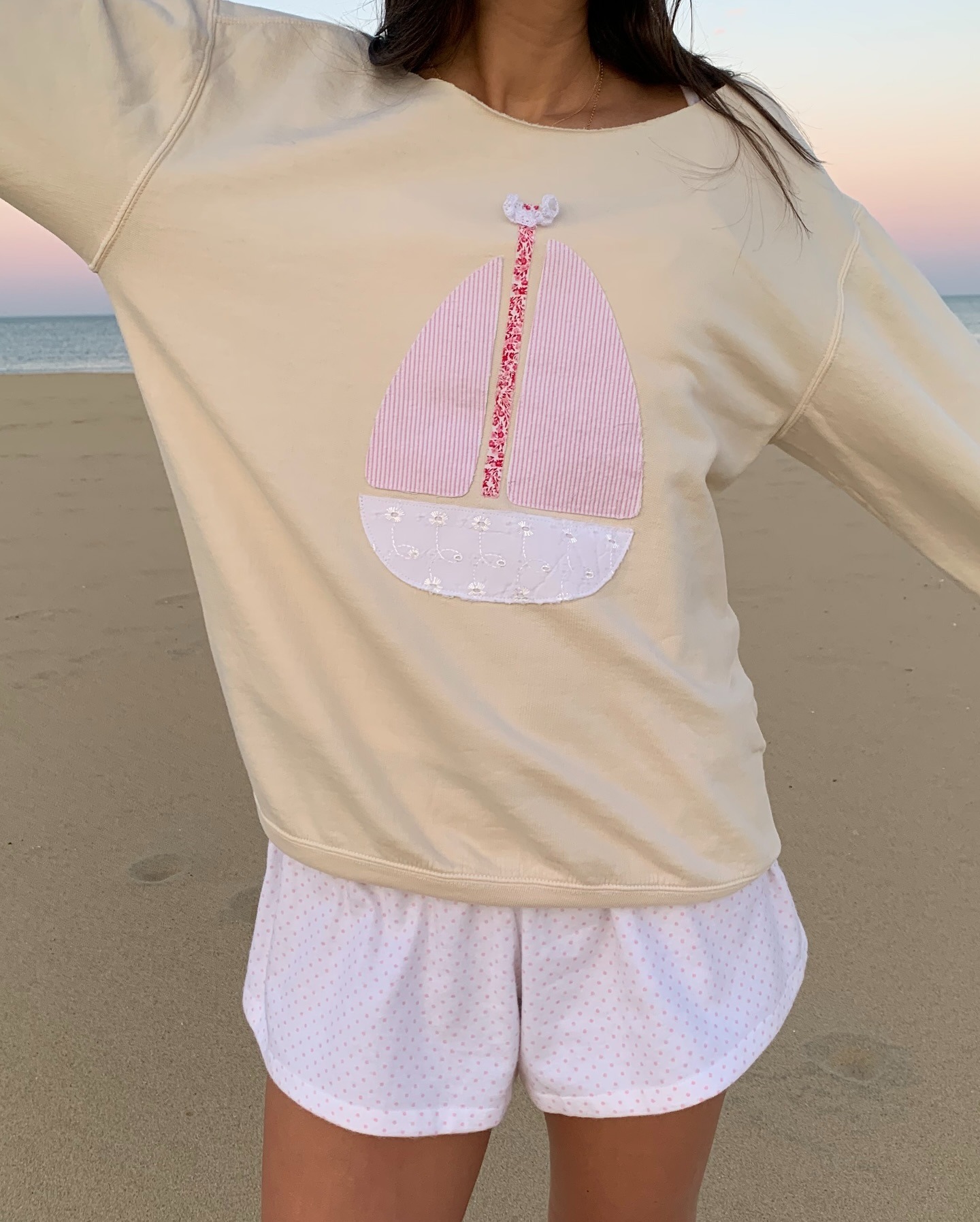 Women's Nautical Sailboat Patch One-Shoulder Pullover Sweatshirt