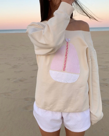 Women's Nautical Sailboat Patch One-Shoulder Pullover Sweatshirt