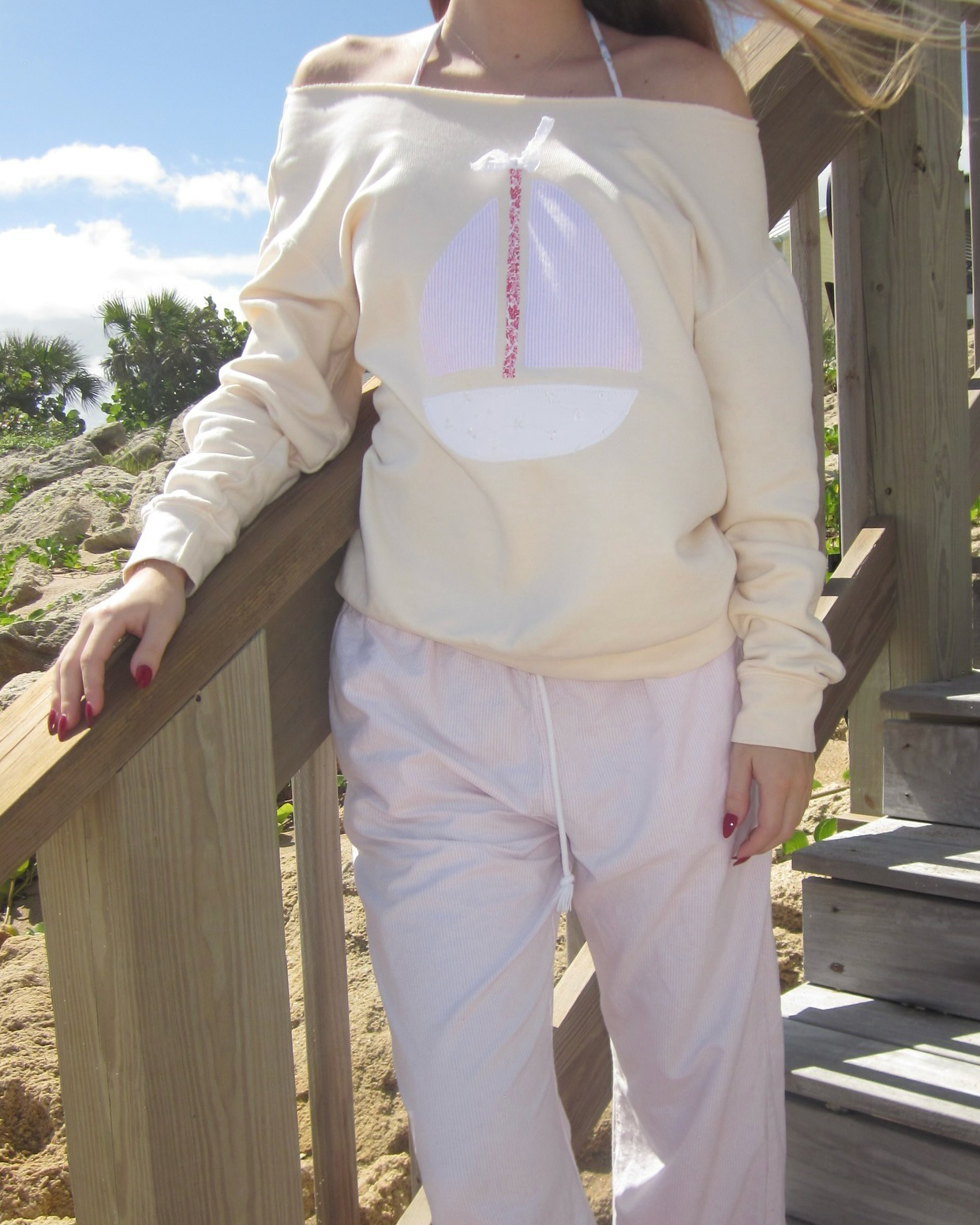 Women's Nautical Sailboat Patch One-Shoulder Pullover Sweatshirt