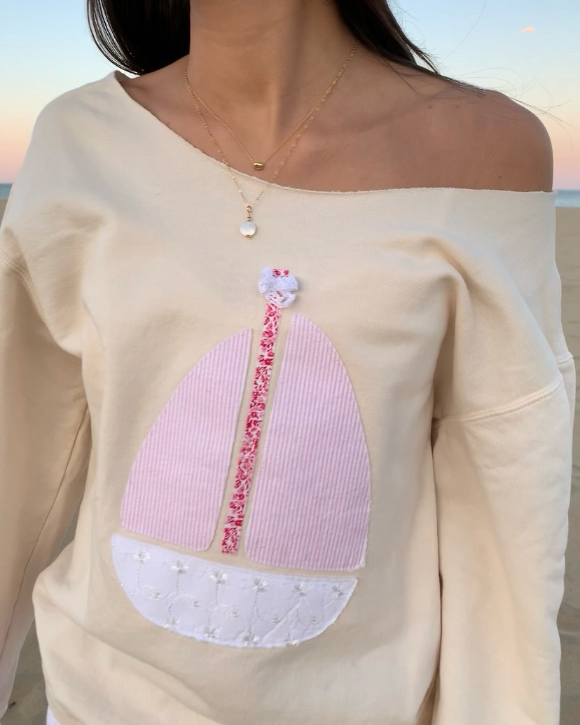 Women's Nautical Sailboat Patch One-Shoulder Pullover Sweatshirt