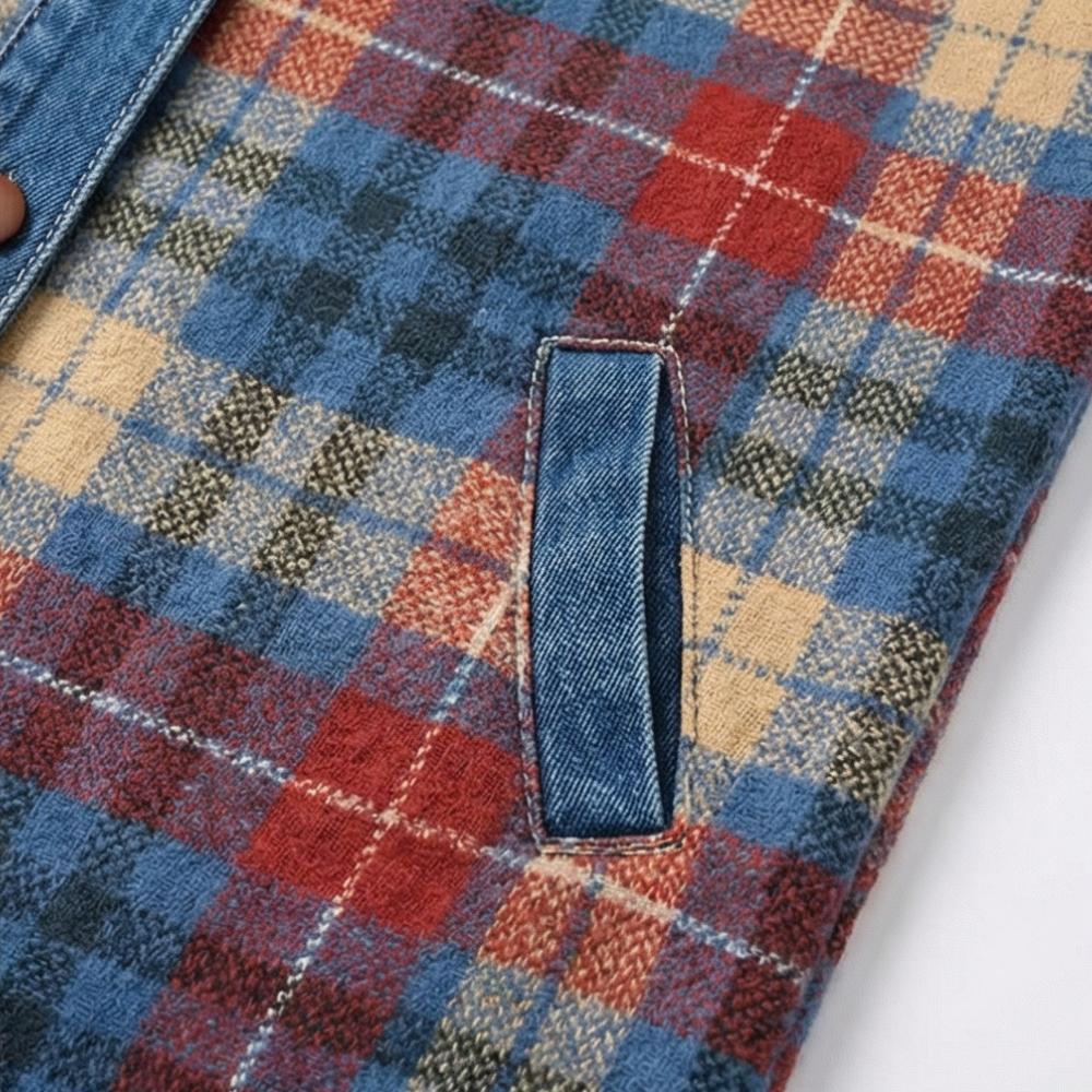 Contrast Denim Plaid Hooded Jacket