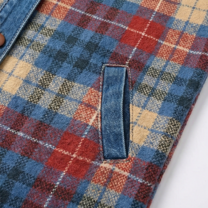 Contrast Denim Plaid Hooded Jacket