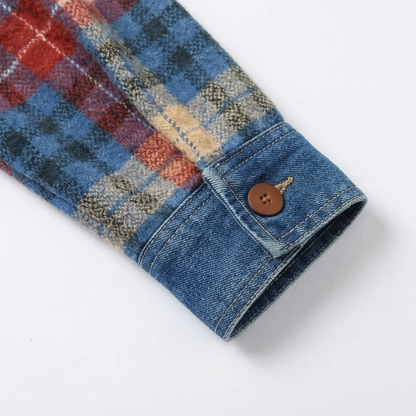 Contrast Denim Plaid Hooded Jacket