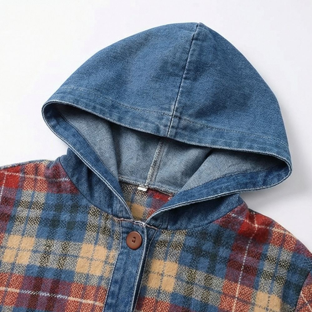 Contrast Denim Plaid Hooded Jacket