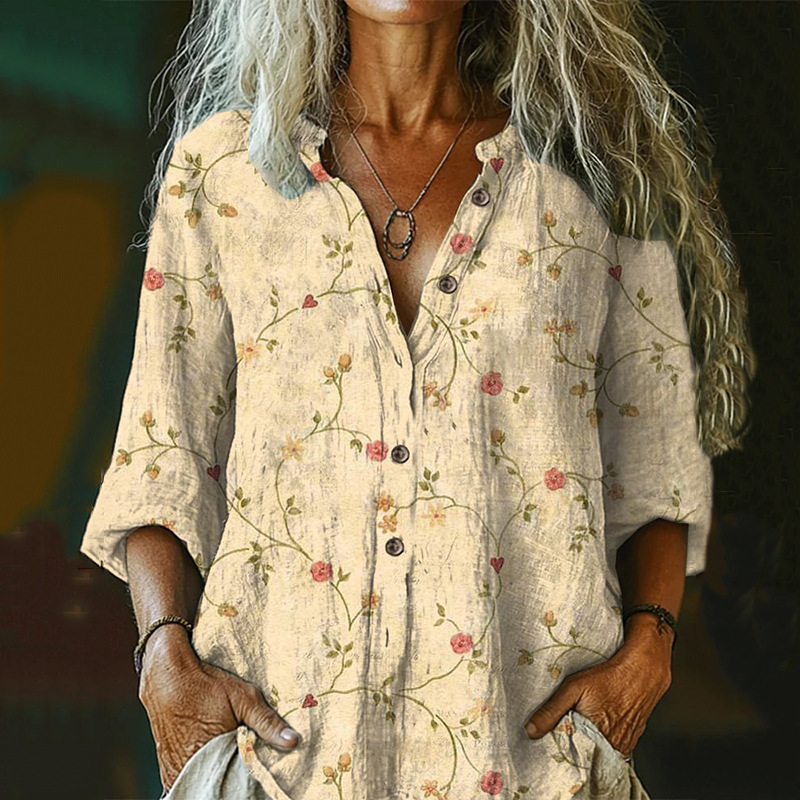 Bohemian Style Linen Floral Art Print Long Sleeve Shirt