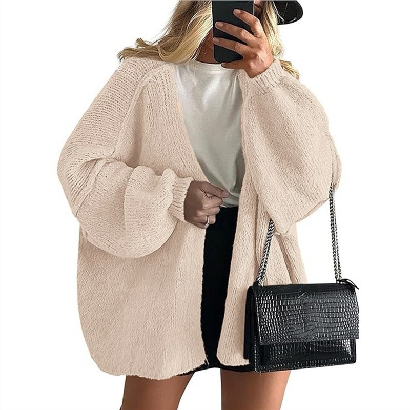 Women’s Oversized Knit Cardigan – 2025 Fall Long Lantern Sleeve Open-Front Sweater