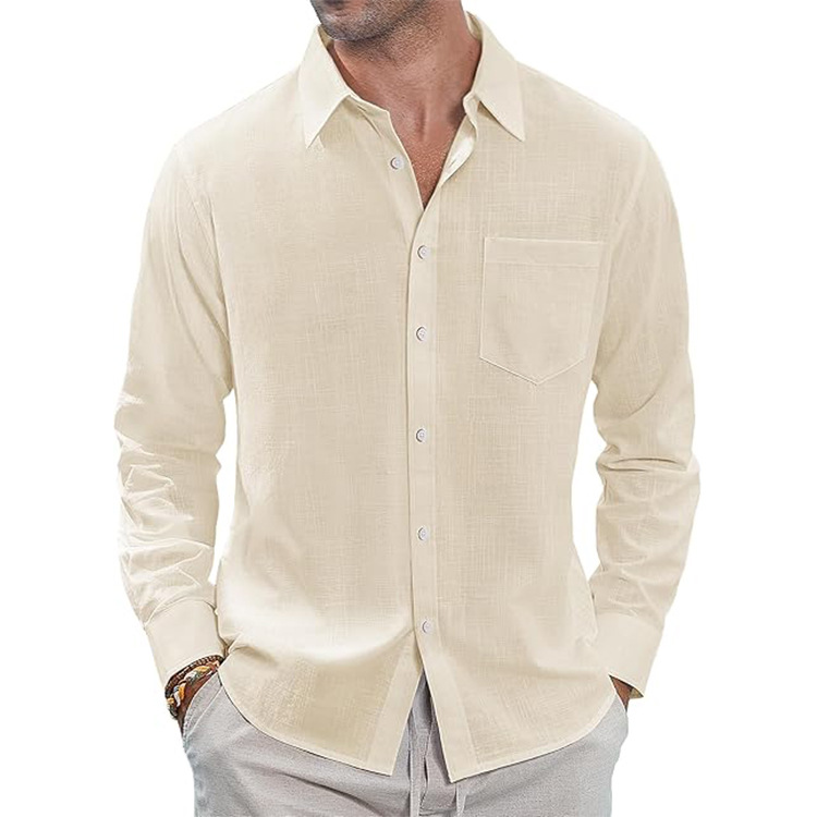 Men's Cotton and Linen Casual Button Long Sleeve Shirt