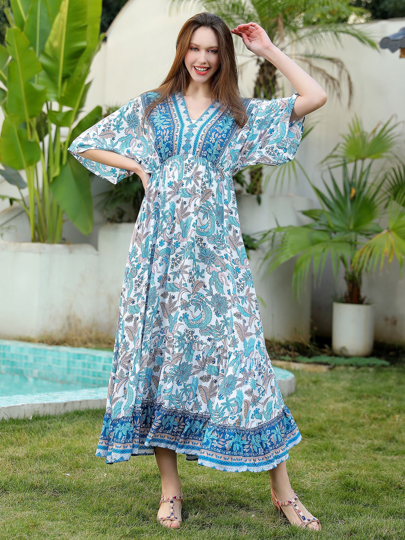 Women's Elegant Loose Cotton Floral Print Dress-One Size