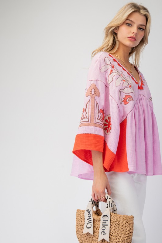 Women's Elegant V-Neck Patchwork Flared Sleeve Colorblock Loose Top
