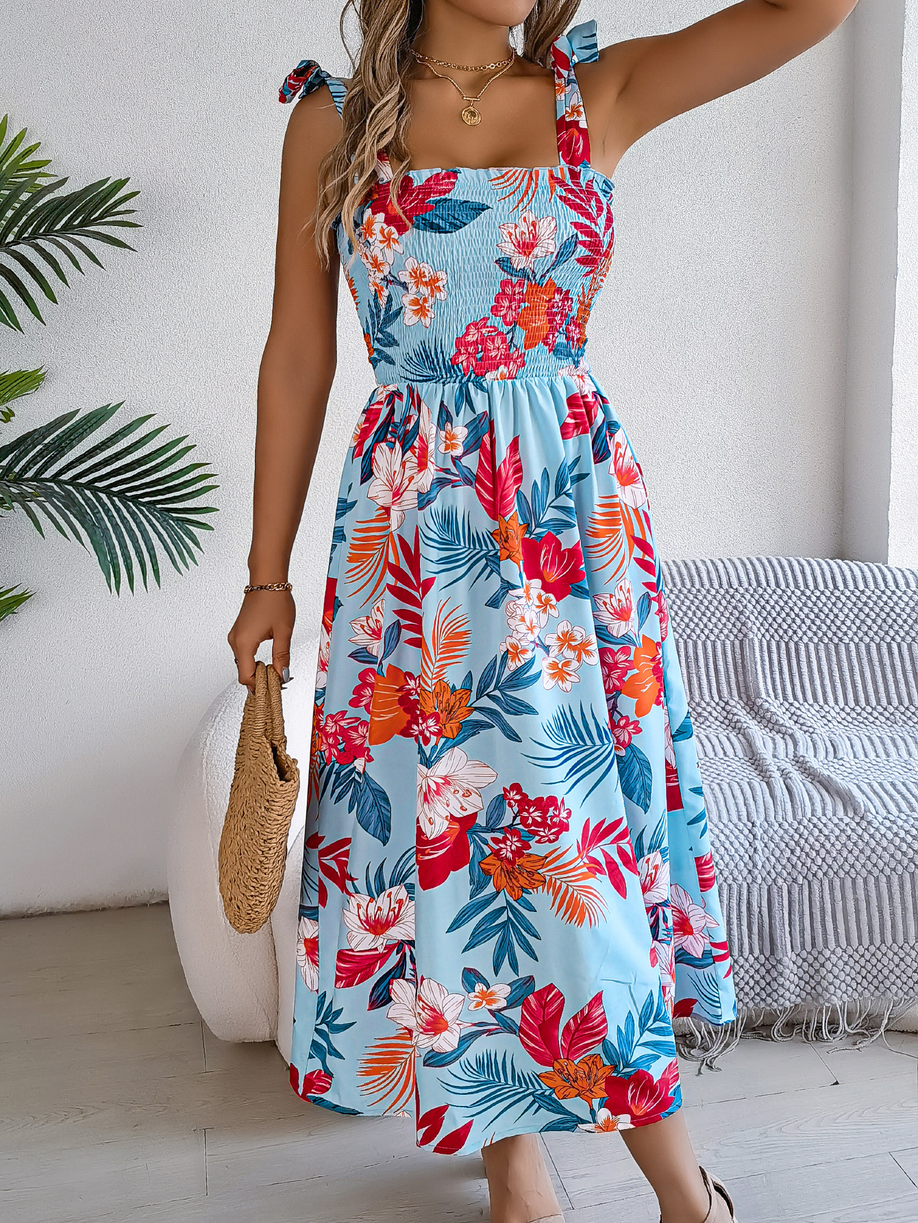 Women’s Elegant Floral Tie-Waist Spaghetti Strap Beach Maxi Dress