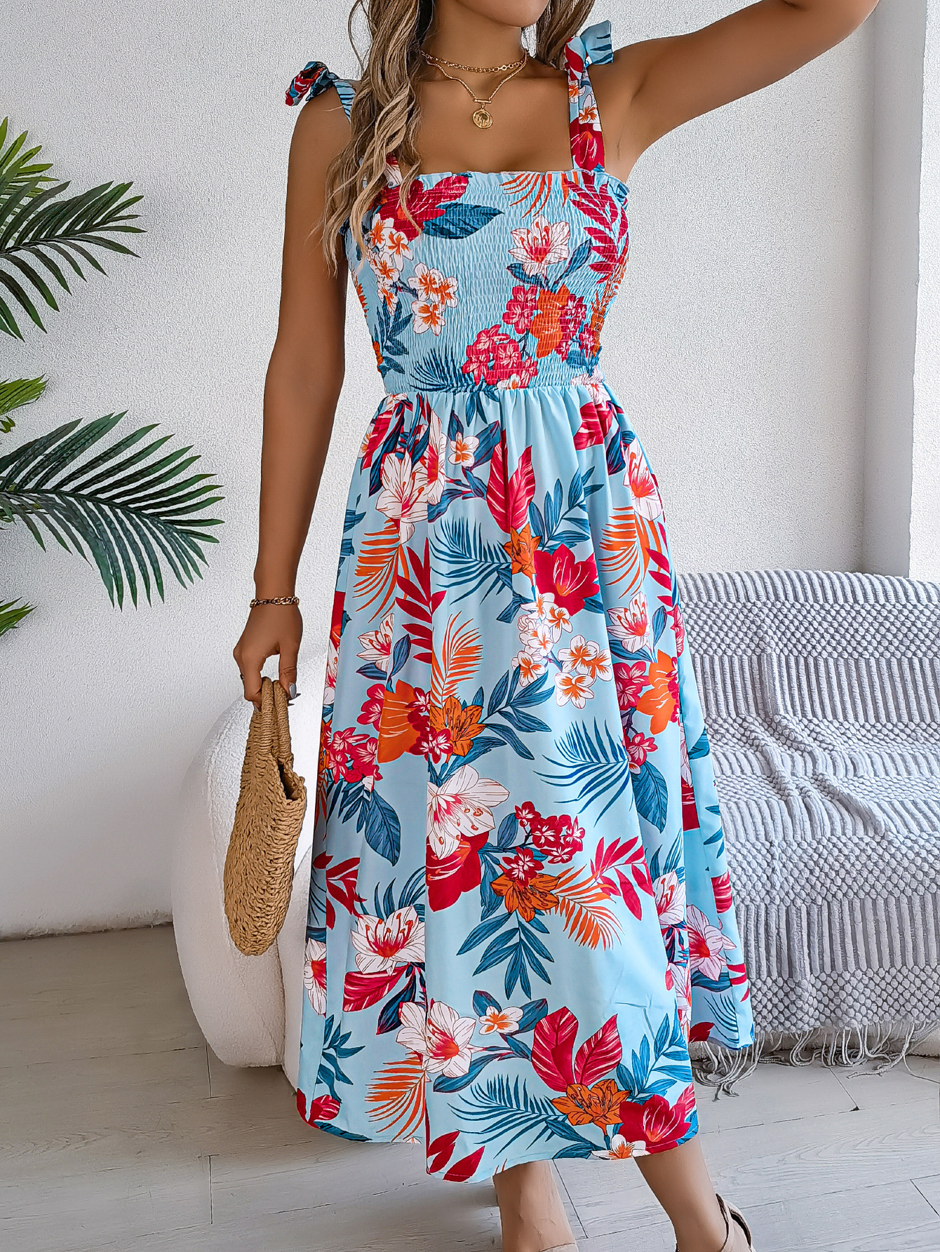 Women’s Elegant Floral Tie-Waist Spaghetti Strap Beach Maxi Dress