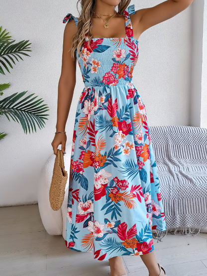 Women’s Elegant Floral Tie-Waist Spaghetti Strap Beach Maxi Dress