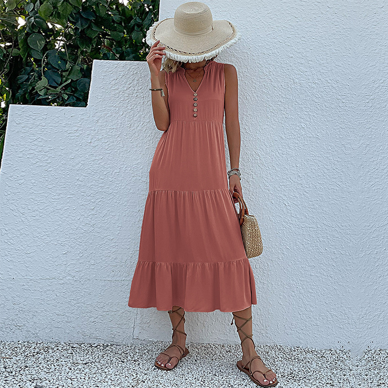 Wholesale V-Neck Button Detailed Boho Midi Ruffle Dress For Women