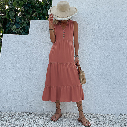Wholesale V-Neck Button Detailed Boho Midi Ruffle Dress For Women