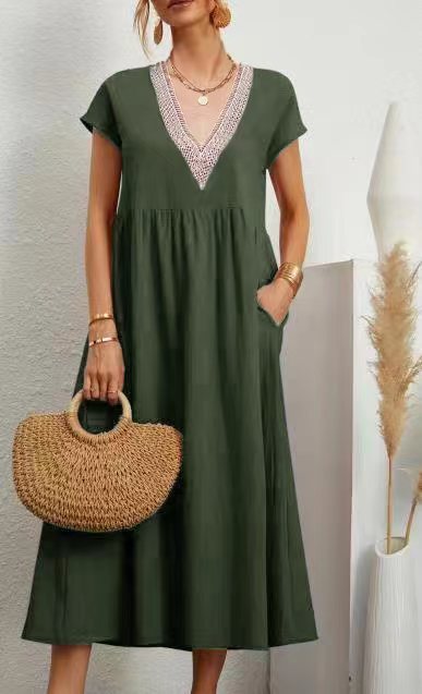 New Solid Color Lace-Trimmed V-Neck Sleeveless Cotton-Linen Pocket Dress