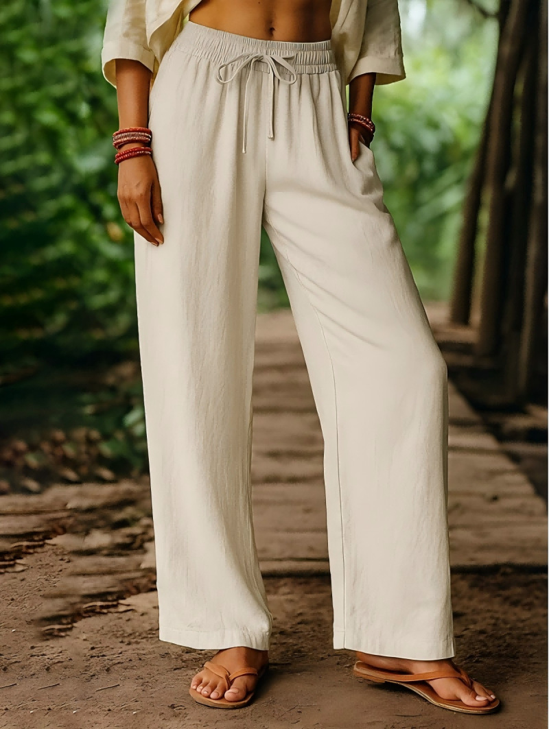 Elastic Casual Solid Color Cotton Linen Wide Leg Pants