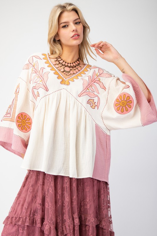Women's Elegant V-Neck Patchwork Flared Sleeve Colorblock Loose Top