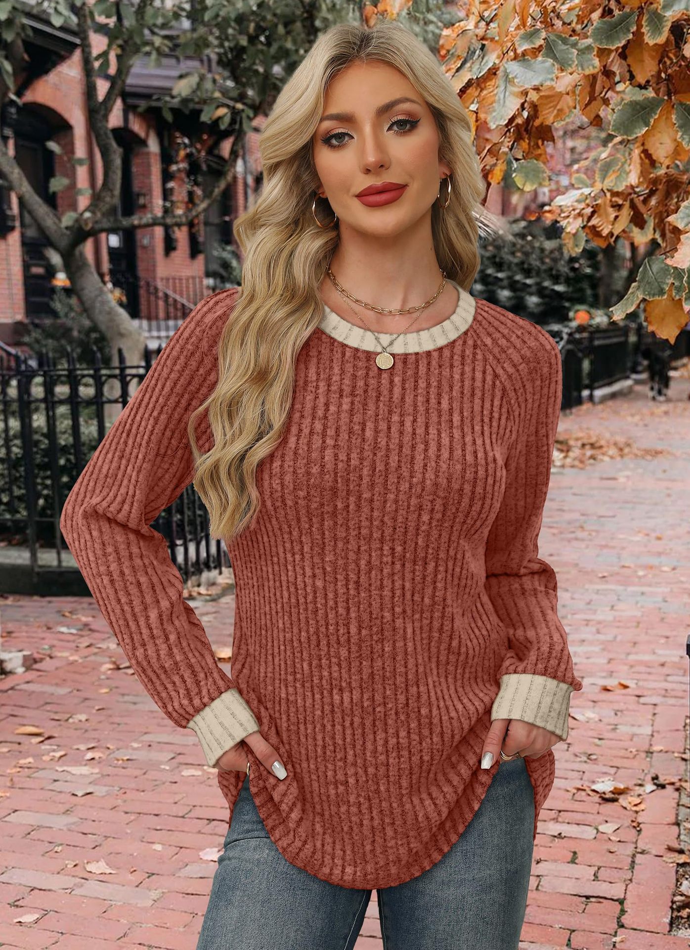 Women’s Lightweight Long Sleeve Sweaters – Color Block Fall & Winter Outfits 2025, Soft Dressy Casual Tops