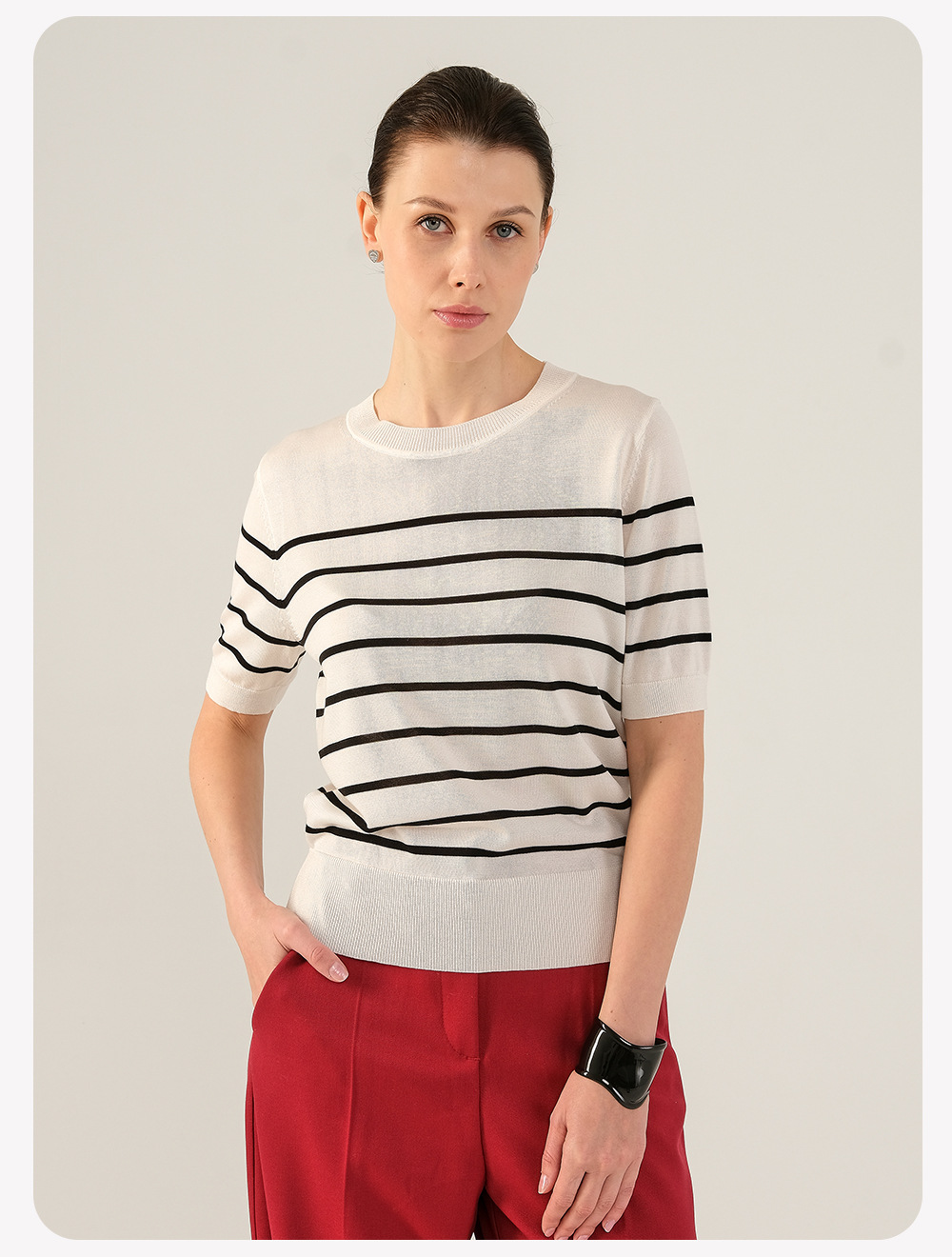 Women's Classic Striped Crew Neck Pullover Tencel Knit Top