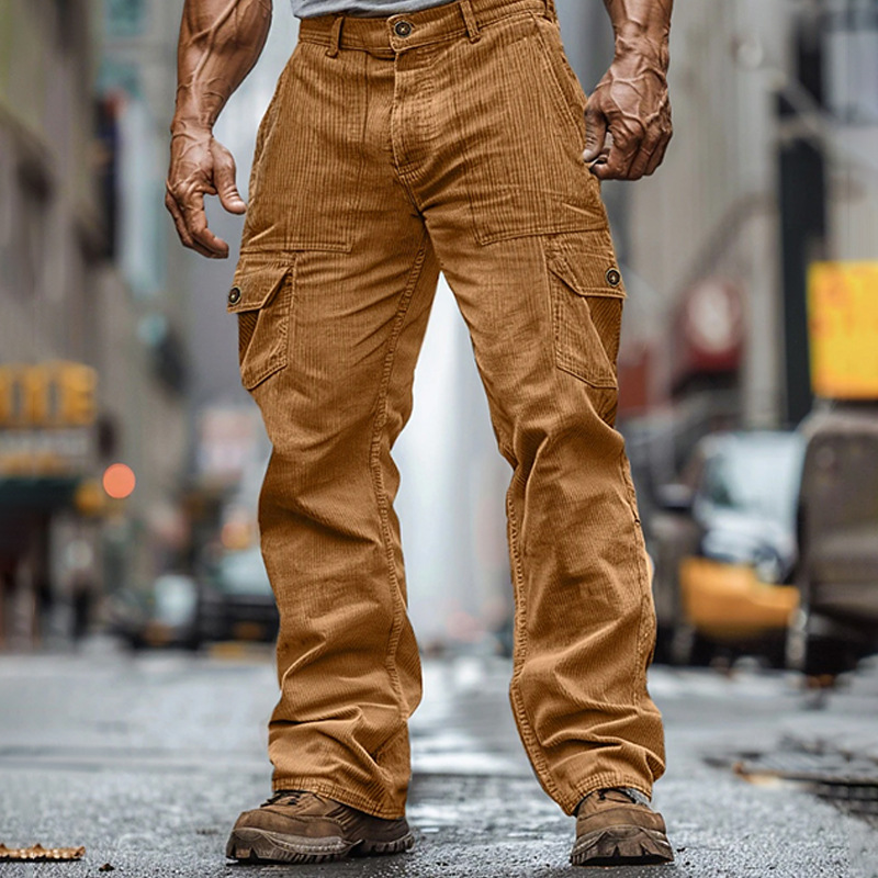 Men's Fashion Streetwear Corduroy Cargo Pants – Durable, Casual, Elastic Waist, Multi-Pocket, Solid Color, Comfortable for Outdoor & Everyday Wear