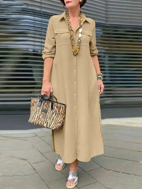 Women's New Elegant Long-Sleeve Cotton Shirt Dress with Button-Down Turn-Down Collar