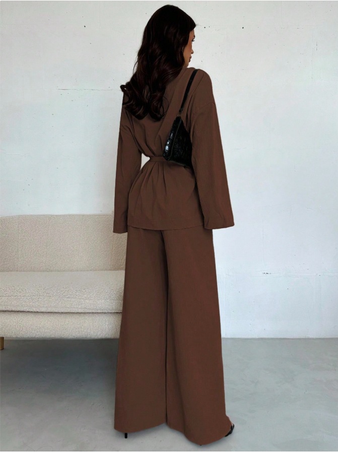 V-neck Elegant Long-Sleeve Wide-Leg Pantsuit