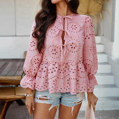 Elegant Loose Lace-Up Cardigan Solid Color Hollow-Out Women's Blouse