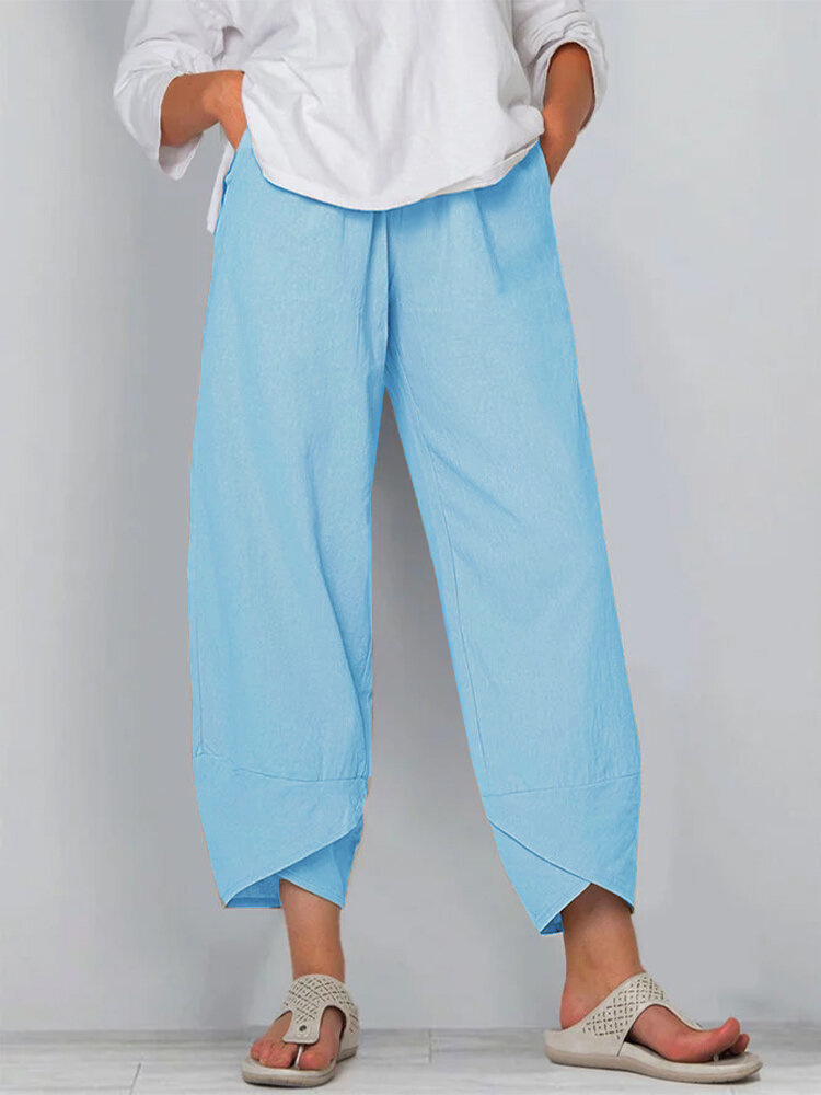 Women's Solid Color Loose Elegant Casual Simple Cotton And Linen Ninth Pants
