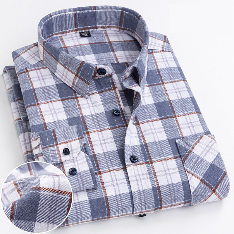 Men's Casual Plaid Shirt – Cotton Brushed, Polo Collar, All Seasons