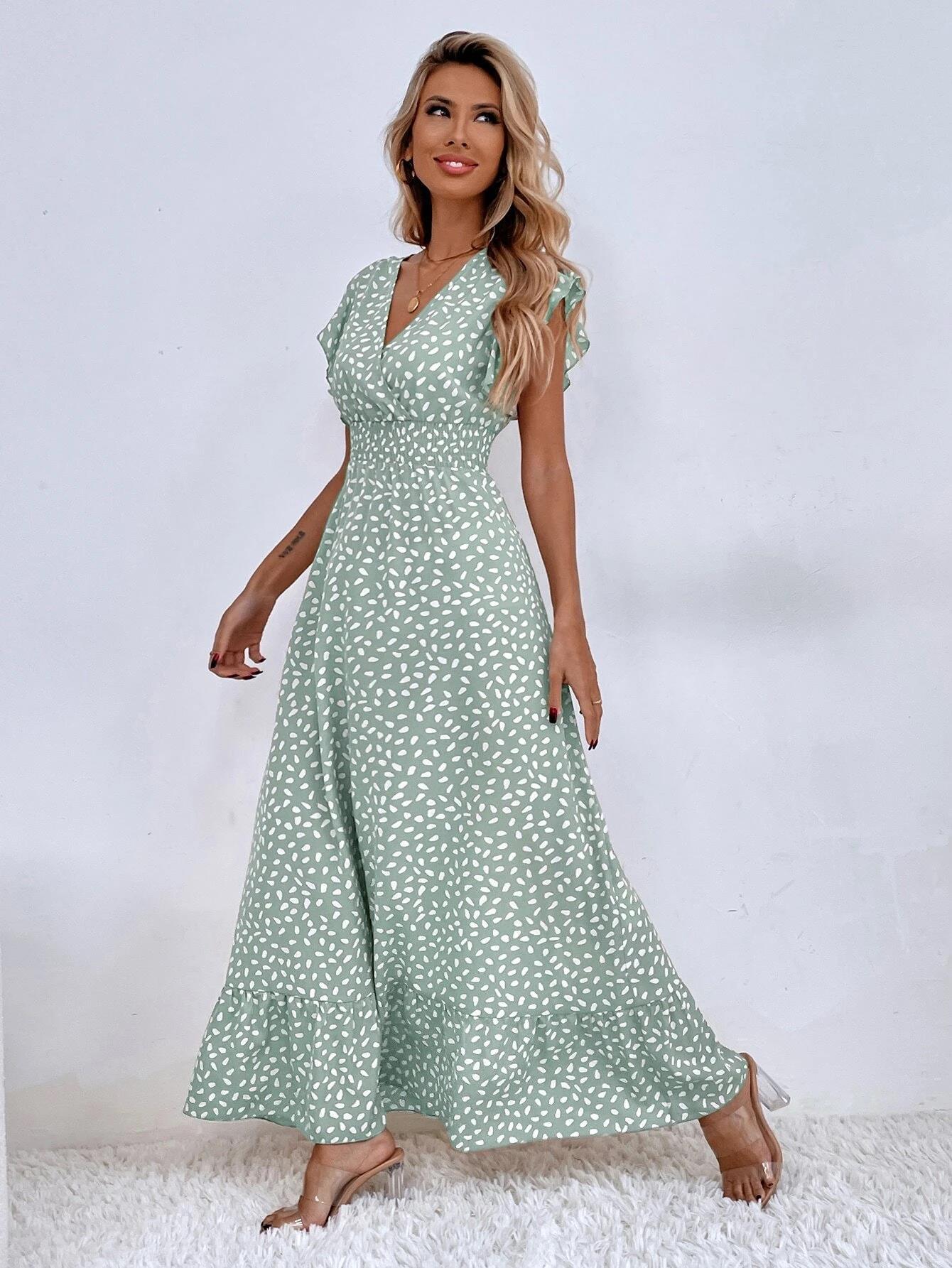 Women's Elegant Ruffle V-Neck Waist-Cinching Dress