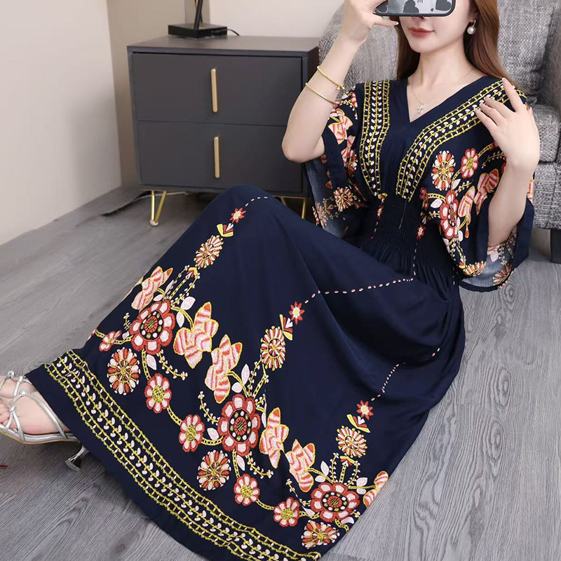 Women's Cotton Rayon Short-Sleeve French-Thai Style Printed Vacation Dress